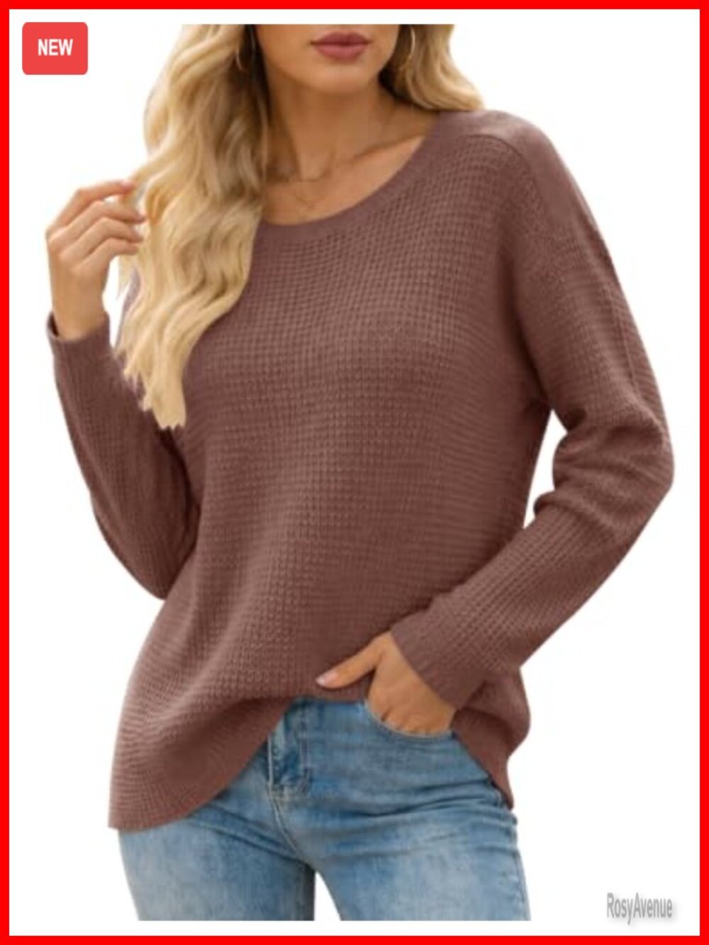 Waffle Knit Sweater Womens Acrylic Loose Fit Pullover Long Sleeve Crew Neck